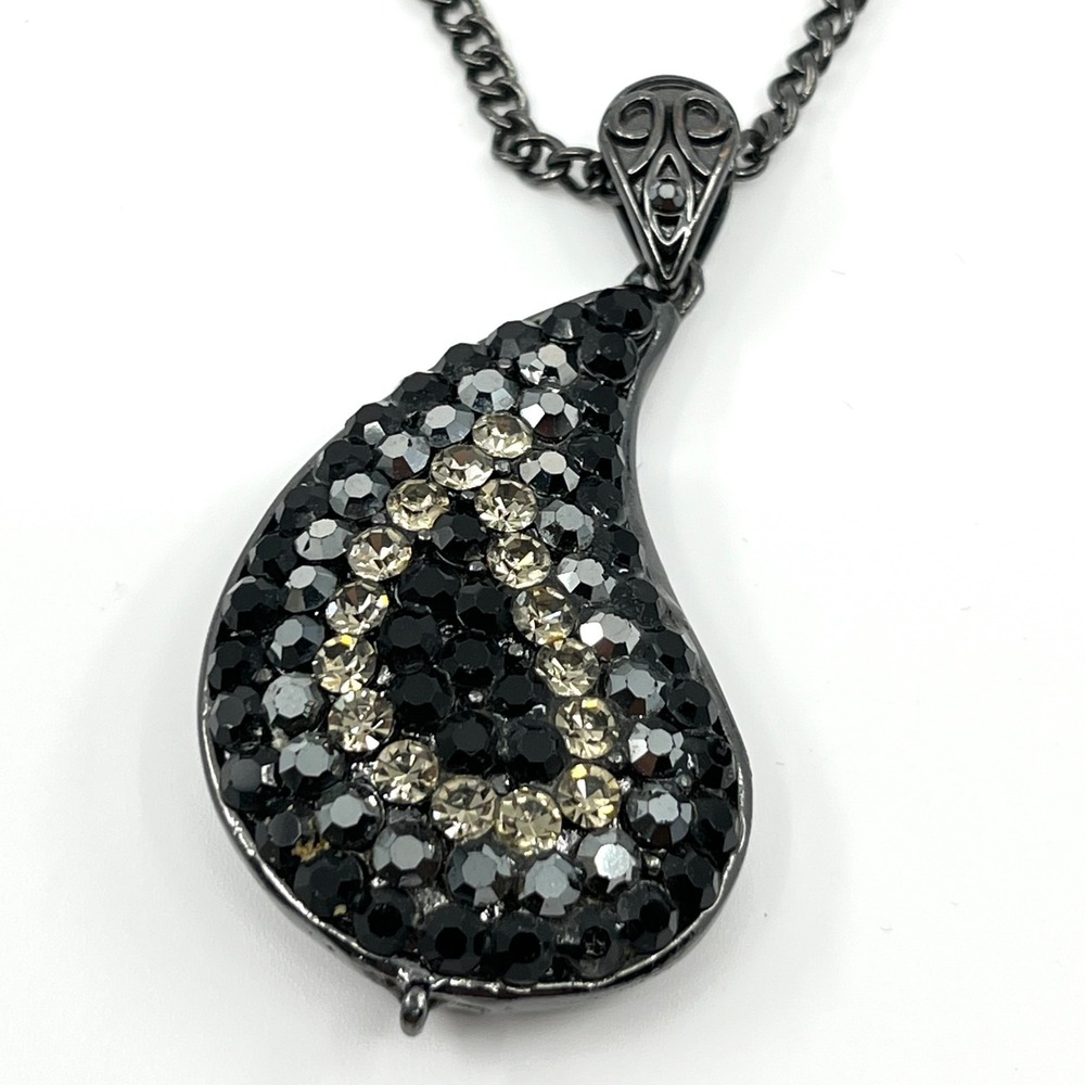 Vintage Y2K Goth Black Hematite Tone Paisley Teardrop Crystal Pendant Necklace